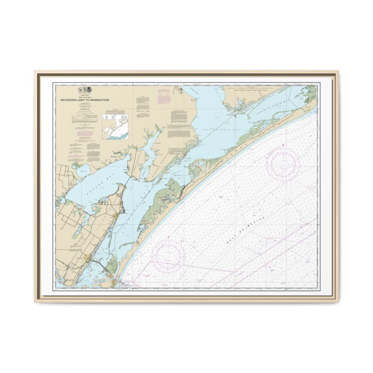 Chart 11313 Matagorda Light to Aransas Pass - NOAA Nautical Chart Floating Frame Canvas | 32" x 24" | 40" x 30" - Natural front