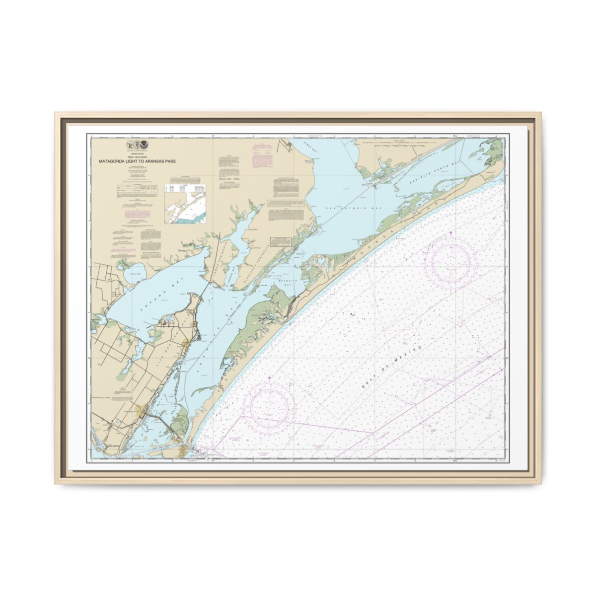 Chart 11313 Matagorda Light to Aransas Pass - NOAA Nautical Chart Floating Frame Canvas | 32" x 24" | 40" x 30" - Natural front