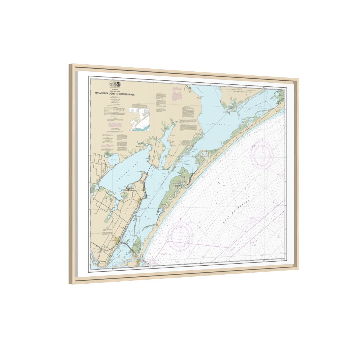 Chart 11313 Matagorda Light to Aransas Pass - NOAA Nautical Chart Floating Frame Canvas | 32" x 24" | 40" x 30" - Natural side