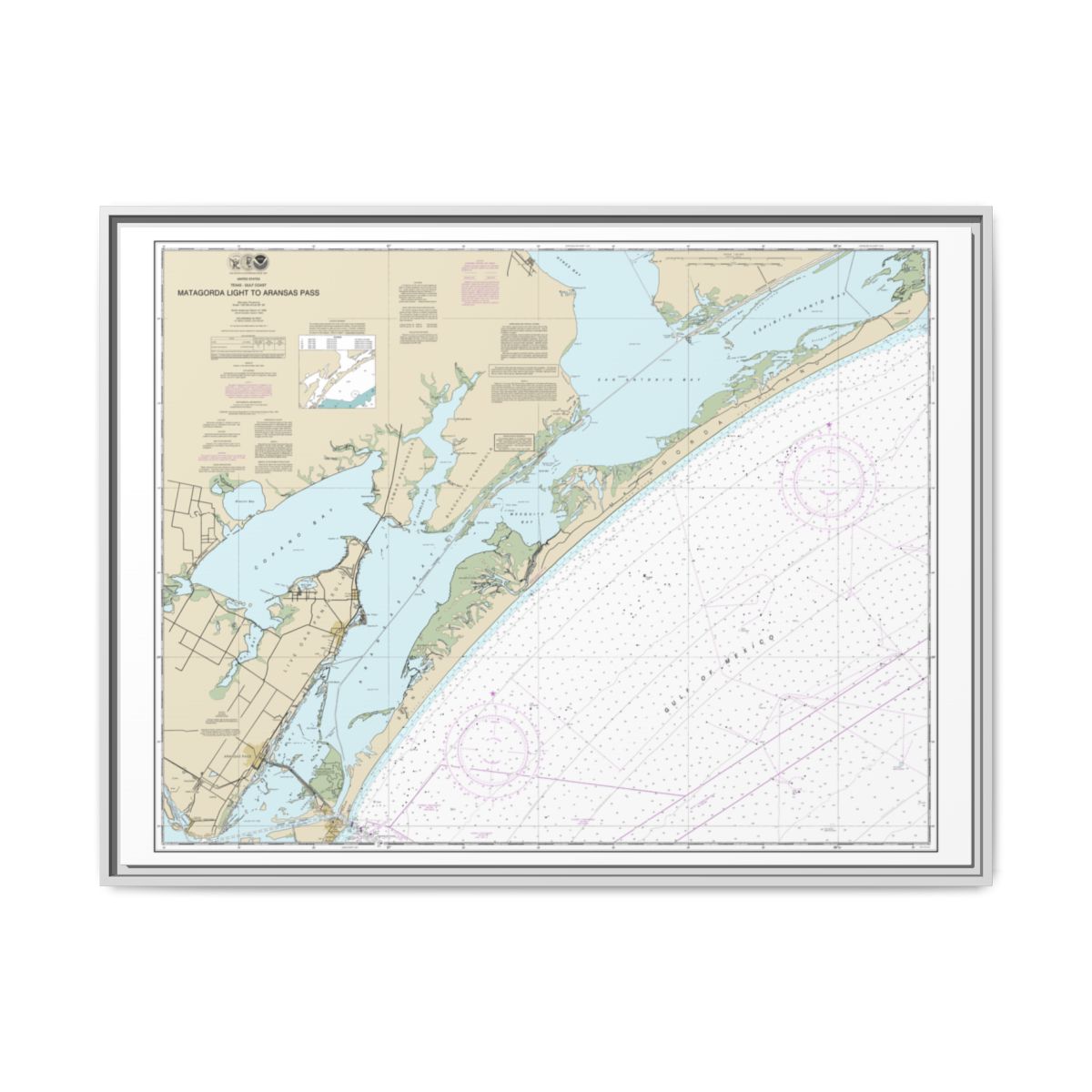 Chart 11313 Matagorda Light to Aransas Pass - NOAA Nautical Chart Floating Frame Canvas | 32" x 24" | 40" x 30" - White front