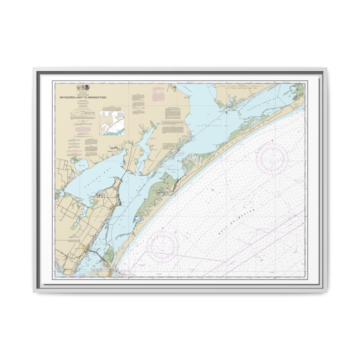 Chart 11313 Matagorda Light to Aransas Pass - NOAA Nautical Chart Floating Frame Canvas | 32" x 24" | 40" x 30" - White front