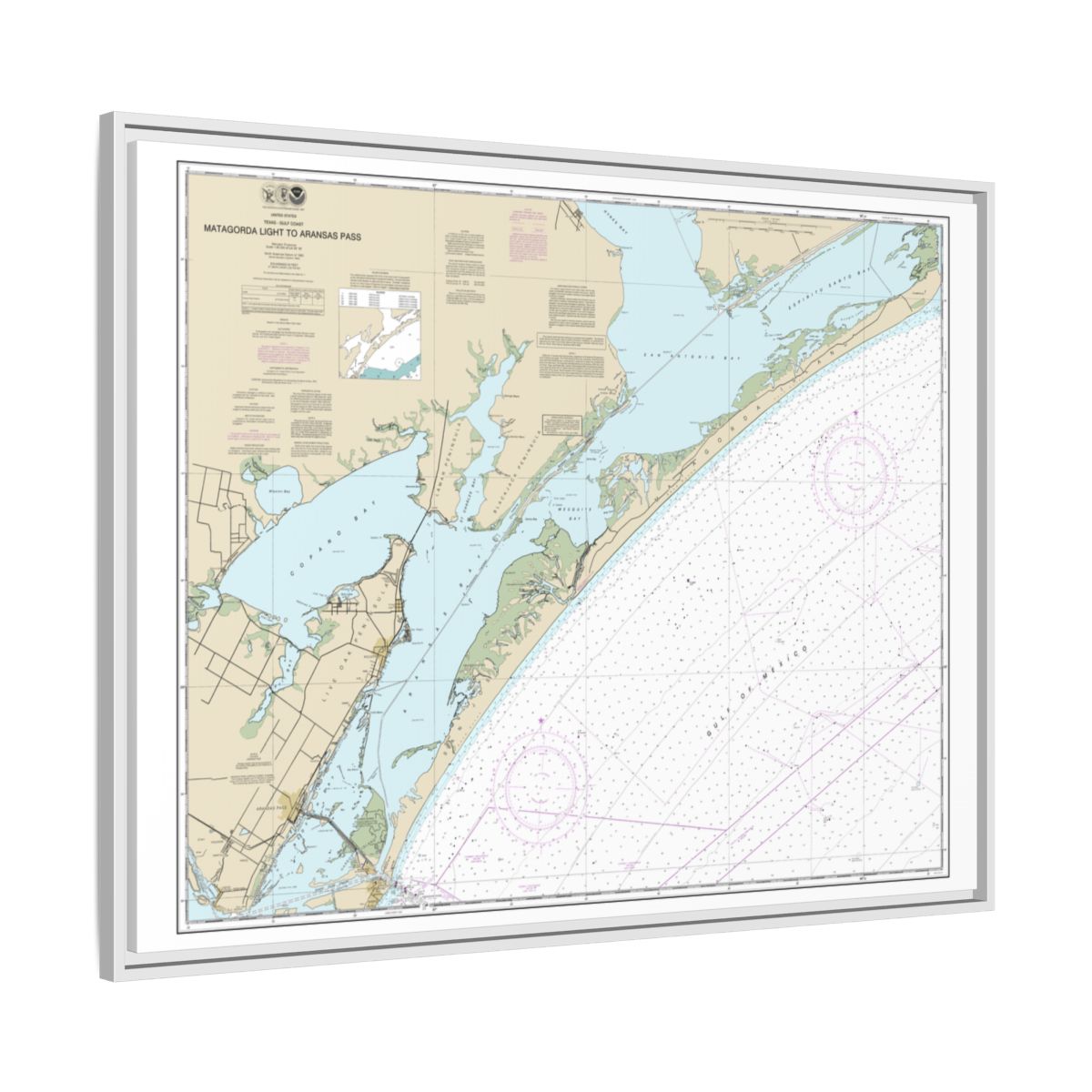 Chart 11313 Matagorda Light to Aransas Pass - NOAA Nautical Chart Floating Frame Canvas | 32" x 24" | 40" x 30" - White side