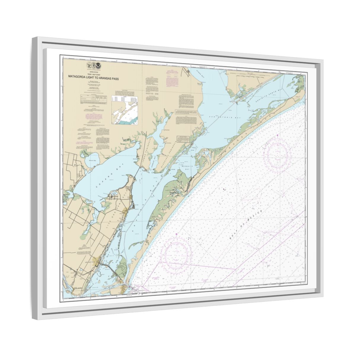 Chart 11313 Matagorda Light to Aransas Pass - NOAA Nautical Chart Floating Frame Canvas | 32" x 24" | 40" x 30" - White side