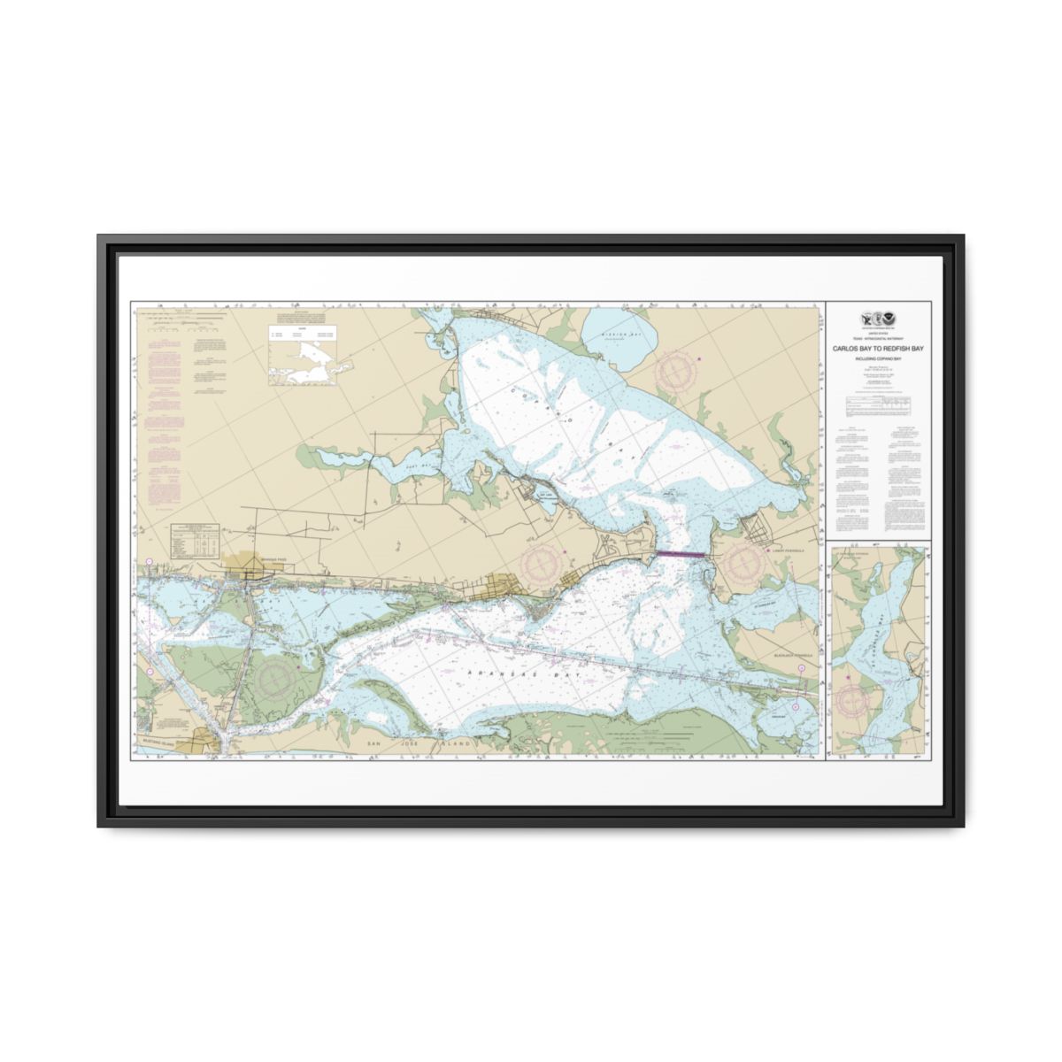Chart 11314 Intracoastal Waterway Carlos Bay to Redfish Bay, including Copano Bay - NOAA Nautical Chart Floating Frame Canvas | 30" x 20" | 36" x 24" | 48" x 32" - Black front
