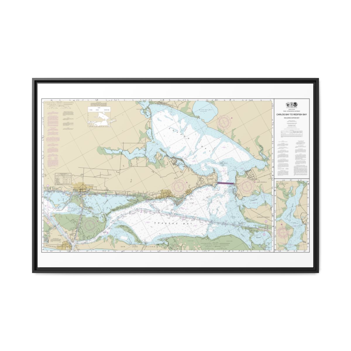 Chart 11314 Intracoastal Waterway Carlos Bay to Redfish Bay, including Copano Bay - NOAA Nautical Chart Floating Frame Canvas | 30" x 20" | 36" x 24" | 48" x 32" - Black front