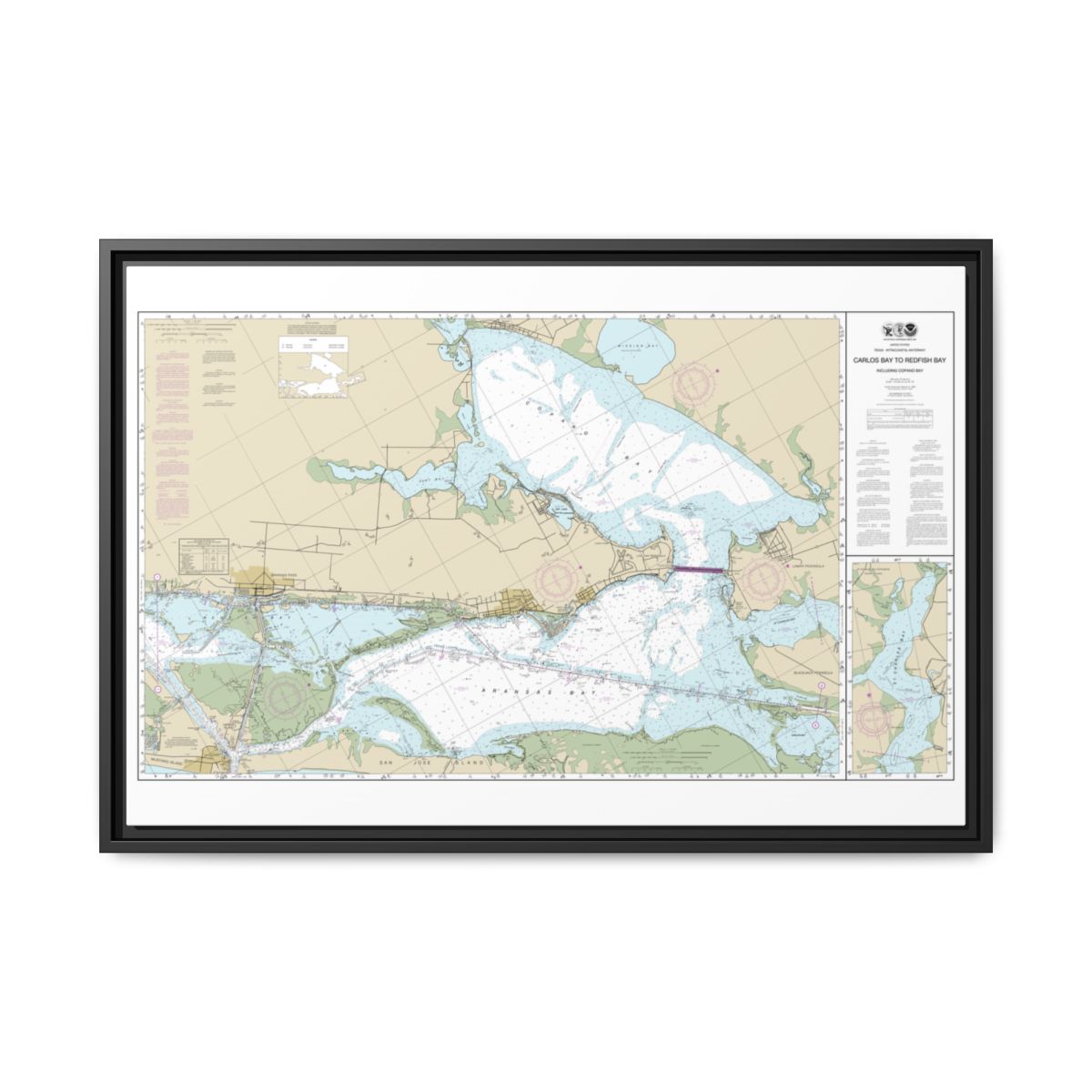 Chart 11314 Intracoastal Waterway Carlos Bay to Redfish Bay, including Copano Bay - NOAA Nautical Chart Floating Frame Canvas | 30" x 20" | 36" x 24" | 48" x 32" - Black front