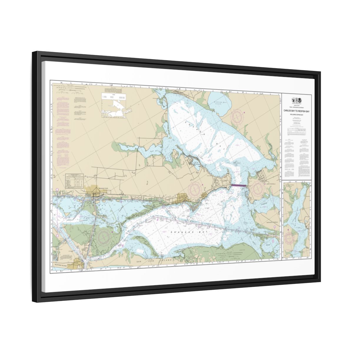 Chart 11314 Intracoastal Waterway Carlos Bay to Redfish Bay, including Copano Bay - NOAA Nautical Chart Floating Frame Canvas | 30" x 20" | 36" x 24" | 48" x 32" - Black side