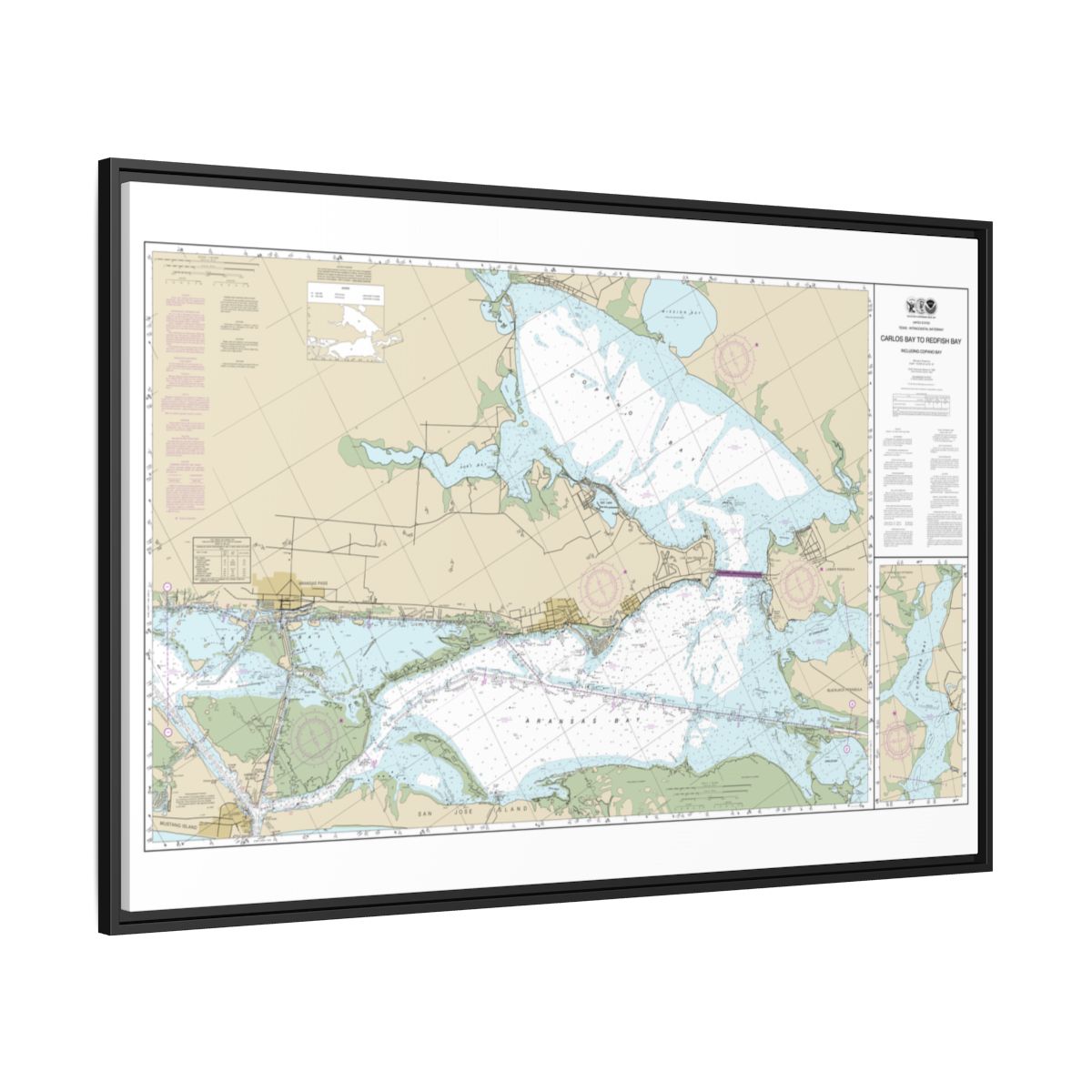 Chart 11314 Intracoastal Waterway Carlos Bay to Redfish Bay, including Copano Bay - NOAA Nautical Chart Floating Frame Canvas | 30" x 20" | 36" x 24" | 48" x 32" - Black side