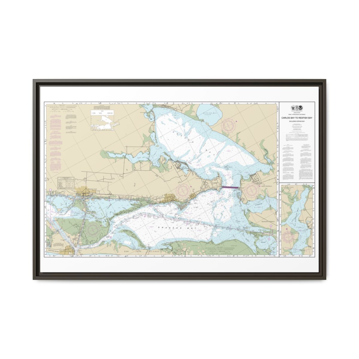Chart 11314 Intracoastal Waterway Carlos Bay to Redfish Bay, including Copano Bay - NOAA Nautical Chart Floating Frame Canvas | 30" x 20" | 36" x 24" | 48" x 32" - Espresso front