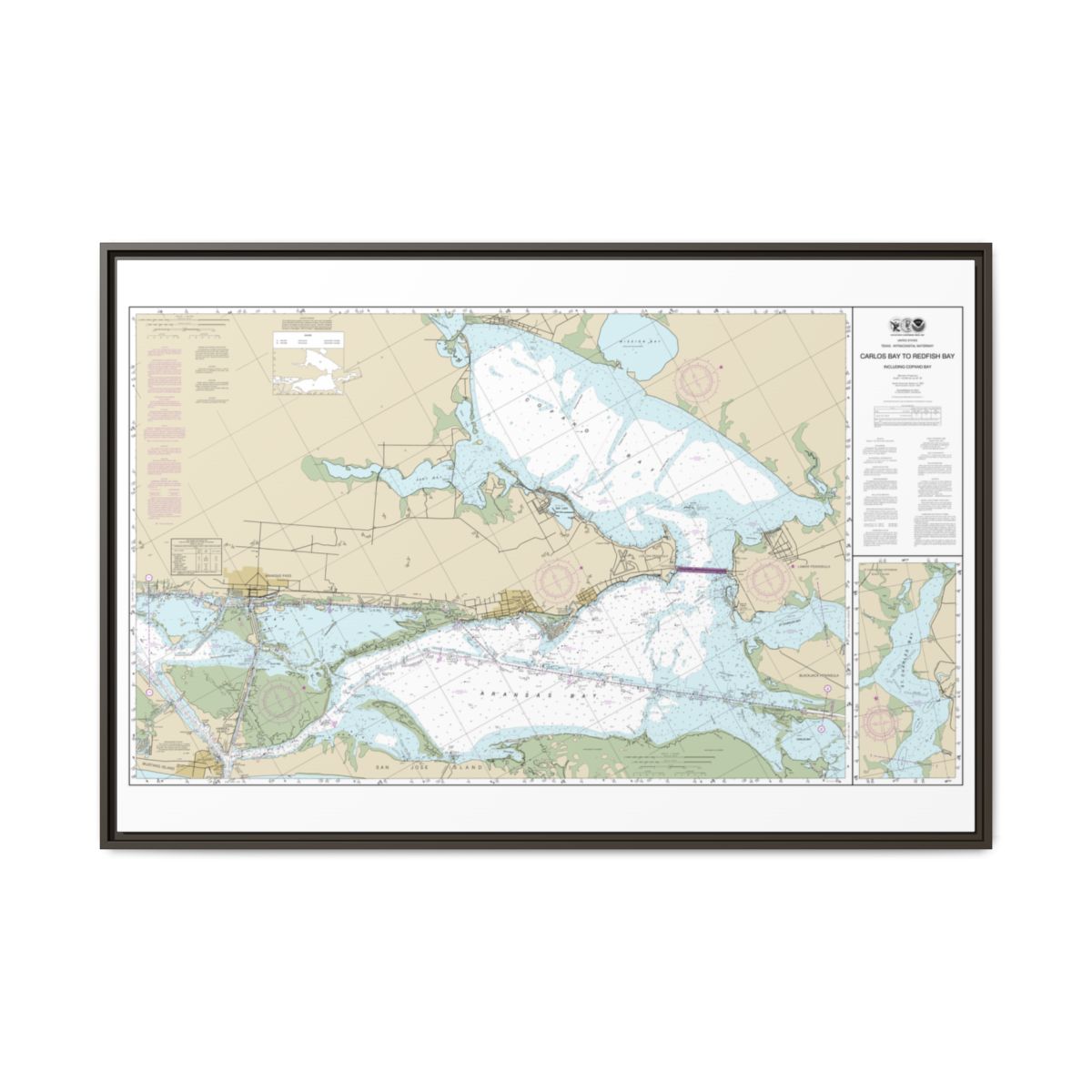 Chart 11314 Intracoastal Waterway Carlos Bay to Redfish Bay, including Copano Bay - NOAA Nautical Chart Floating Frame Canvas | 30" x 20" | 36" x 24" | 48" x 32" - Espresso front