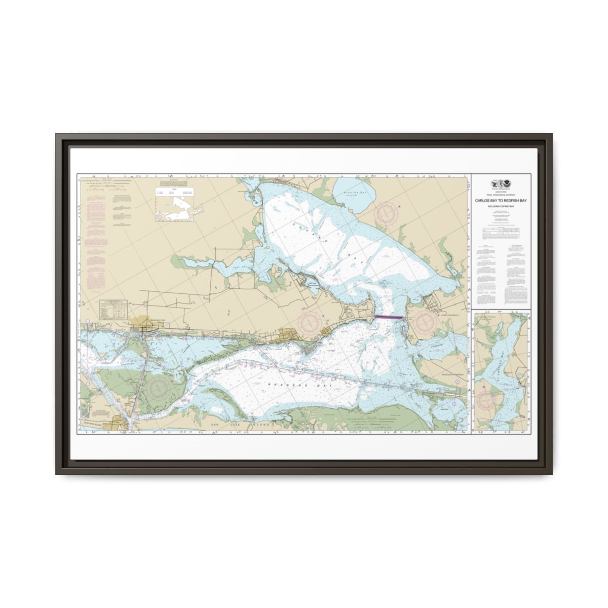 Chart 11314 Intracoastal Waterway Carlos Bay to Redfish Bay, including Copano Bay - NOAA Nautical Chart Floating Frame Canvas | 30" x 20" | 36" x 24" | 48" x 32" - Espresso front