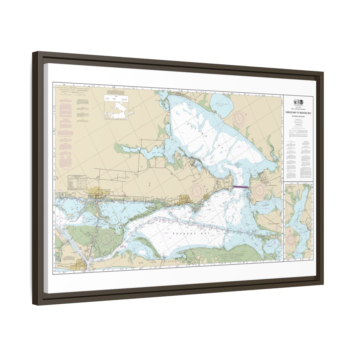 Chart 11314 Intracoastal Waterway Carlos Bay to Redfish Bay, including Copano Bay - NOAA Nautical Chart Floating Frame Canvas | 30" x 20" | 36" x 24" | 48" x 32" - Espresso side