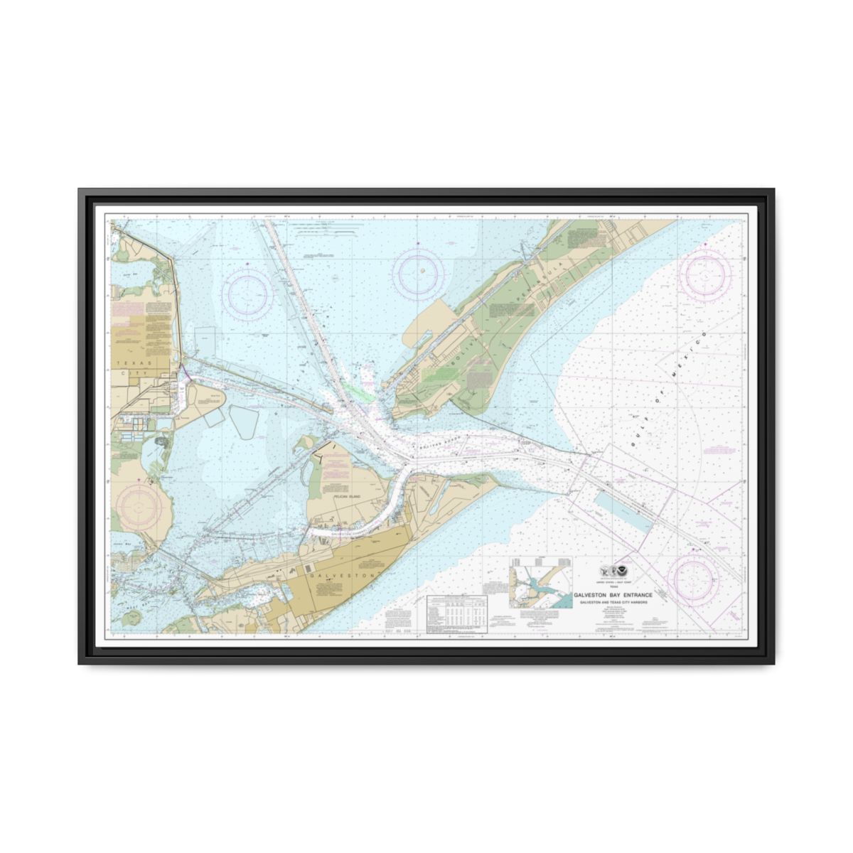 Chart 11324 Galveston Bay Entrance Galveston and Texas City Harbors - NOAA Nautical Chart Floating Frame Canvas | 30" x 20" | 36" x 24" | 48" x 32" - Black front