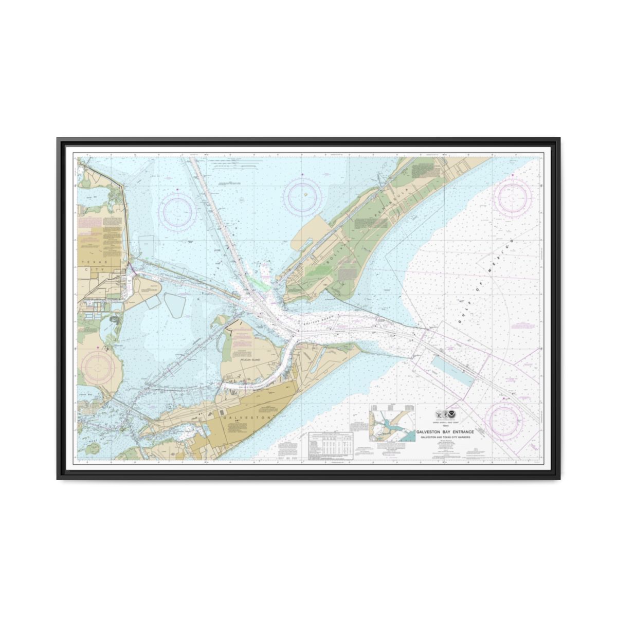 Chart 11324 Galveston Bay Entrance Galveston and Texas City Harbors - NOAA Nautical Chart Floating Frame Canvas | 30" x 20" | 36" x 24" | 48" x 32" - Black front