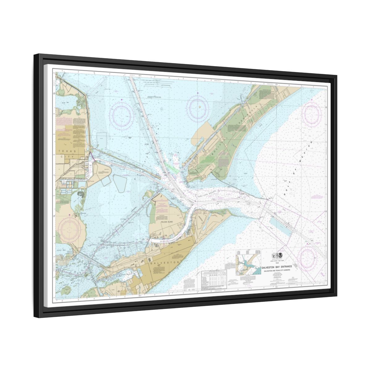 Chart 11324 Galveston Bay Entrance Galveston and Texas City Harbors - NOAA Nautical Chart Floating Frame Canvas | 30" x 20" | 36" x 24" | 48" x 32" - Black side