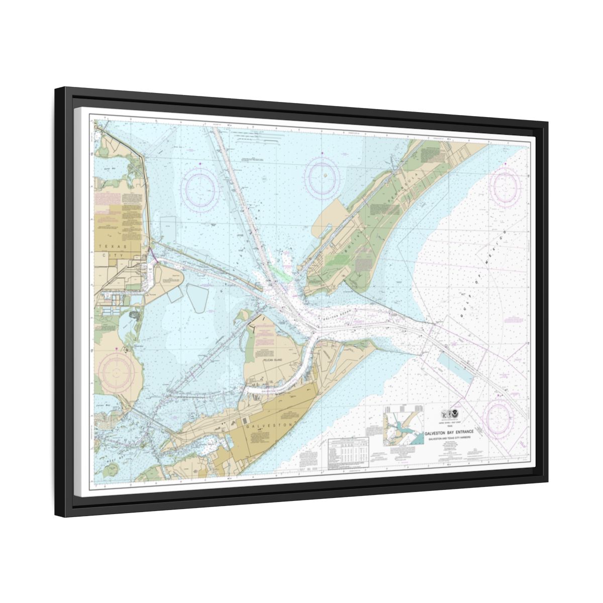 Chart 11324 Galveston Bay Entrance Galveston and Texas City Harbors - NOAA Nautical Chart Floating Frame Canvas | 30" x 20" | 36" x 24" | 48" x 32" - Black side