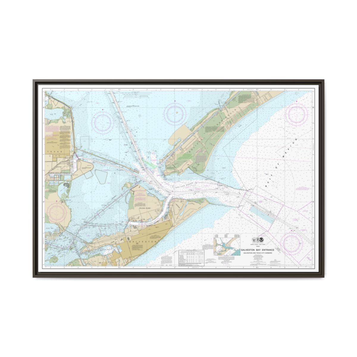 Chart 11324 Galveston Bay Entrance Galveston and Texas City Harbors - NOAA Nautical Chart Floating Frame Canvas | 30" x 20" | 36" x 24" | 48" x 32" - Espresso front