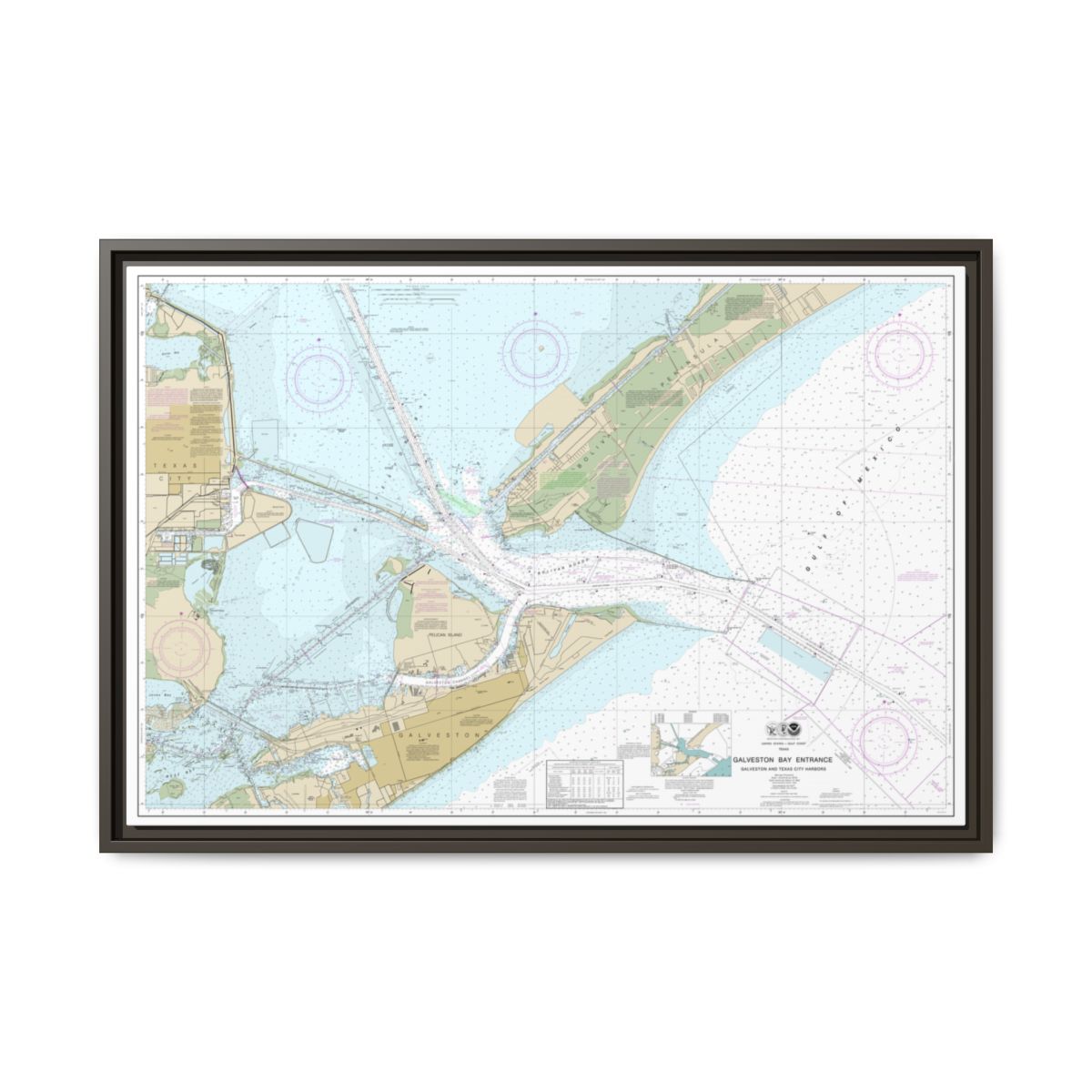 Chart 11324 Galveston Bay Entrance Galveston and Texas City Harbors - NOAA Nautical Chart Floating Frame Canvas | 30" x 20" | 36" x 24" | 48" x 32" - Espresso front