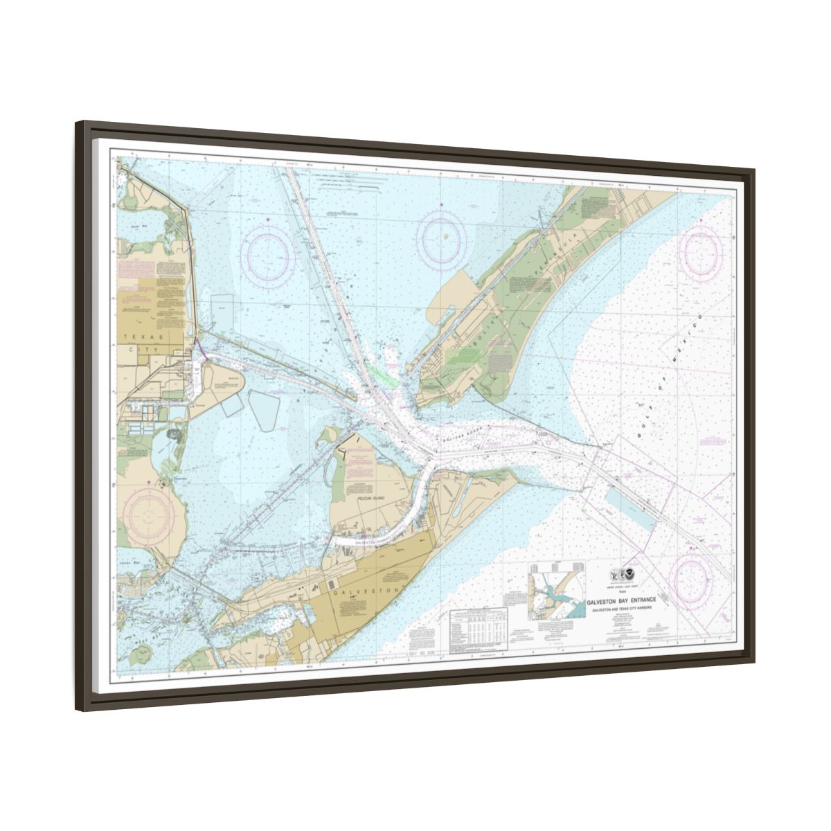 Chart 11324 Galveston Bay Entrance Galveston and Texas City Harbors - NOAA Nautical Chart Floating Frame Canvas | 30" x 20" | 36" x 24" | 48" x 32" - Espresso side