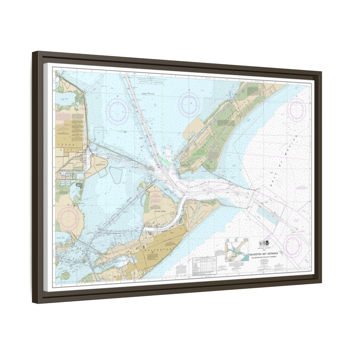 Chart 11324 Galveston Bay Entrance Galveston and Texas City Harbors - NOAA Nautical Chart Floating Frame Canvas | 30" x 20" | 36" x 24" | 48" x 32" - Espresso side