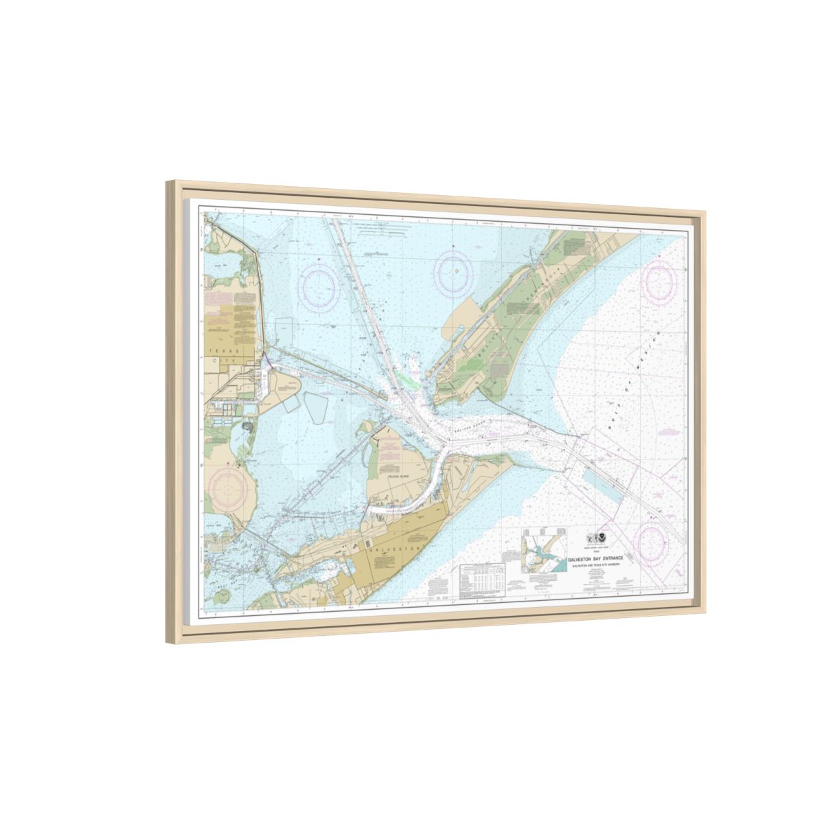 Chart 11324 Galveston Bay Entrance Galveston and Texas City Harbors - NOAA Nautical Chart Floating Frame Canvas | 30" x 20" | 36" x 24" | 48" x 32" - Natural side