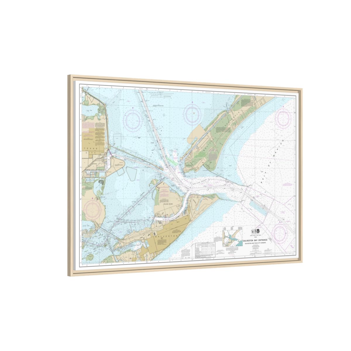 Chart 11324 Galveston Bay Entrance Galveston and Texas City Harbors - NOAA Nautical Chart Floating Frame Canvas | 30" x 20" | 36" x 24" | 48" x 32" - Natural side