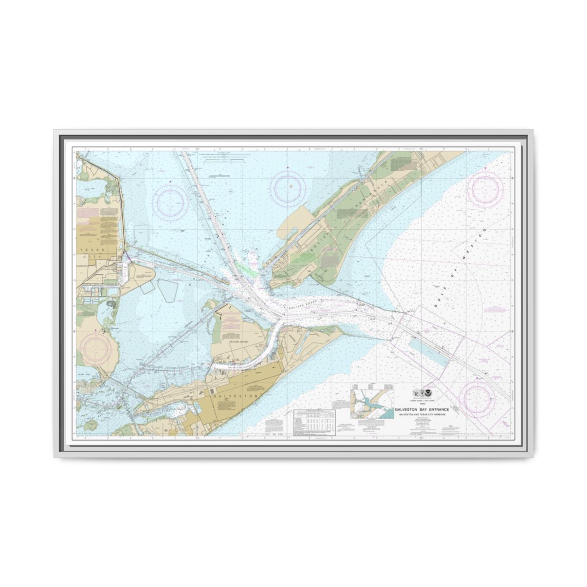 Chart 11324 Galveston Bay Entrance Galveston and Texas City Harbors - NOAA Nautical Chart Floating Frame Canvas | 30" x 20" | 36" x 24" | 48" x 32" - White front