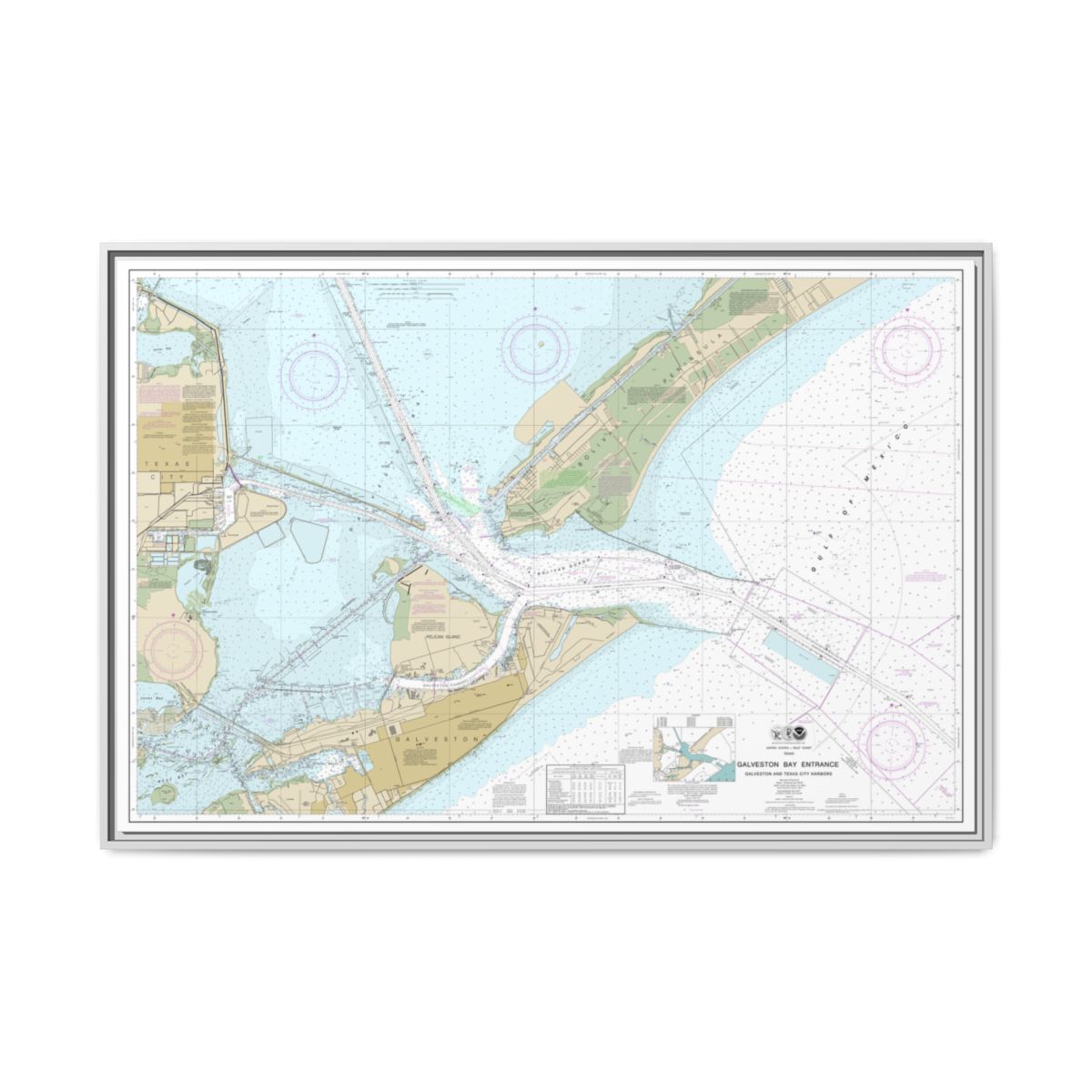Chart 11324 Galveston Bay Entrance Galveston and Texas City Harbors - NOAA Nautical Chart Floating Frame Canvas | 30" x 20" | 36" x 24" | 48" x 32" - White front