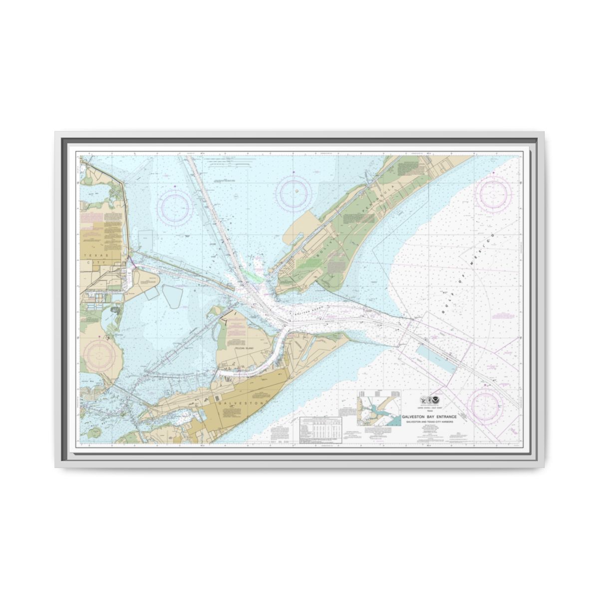 Chart 11324 Galveston Bay Entrance Galveston and Texas City Harbors - NOAA Nautical Chart Floating Frame Canvas | 30" x 20" | 36" x 24" | 48" x 32" - White front