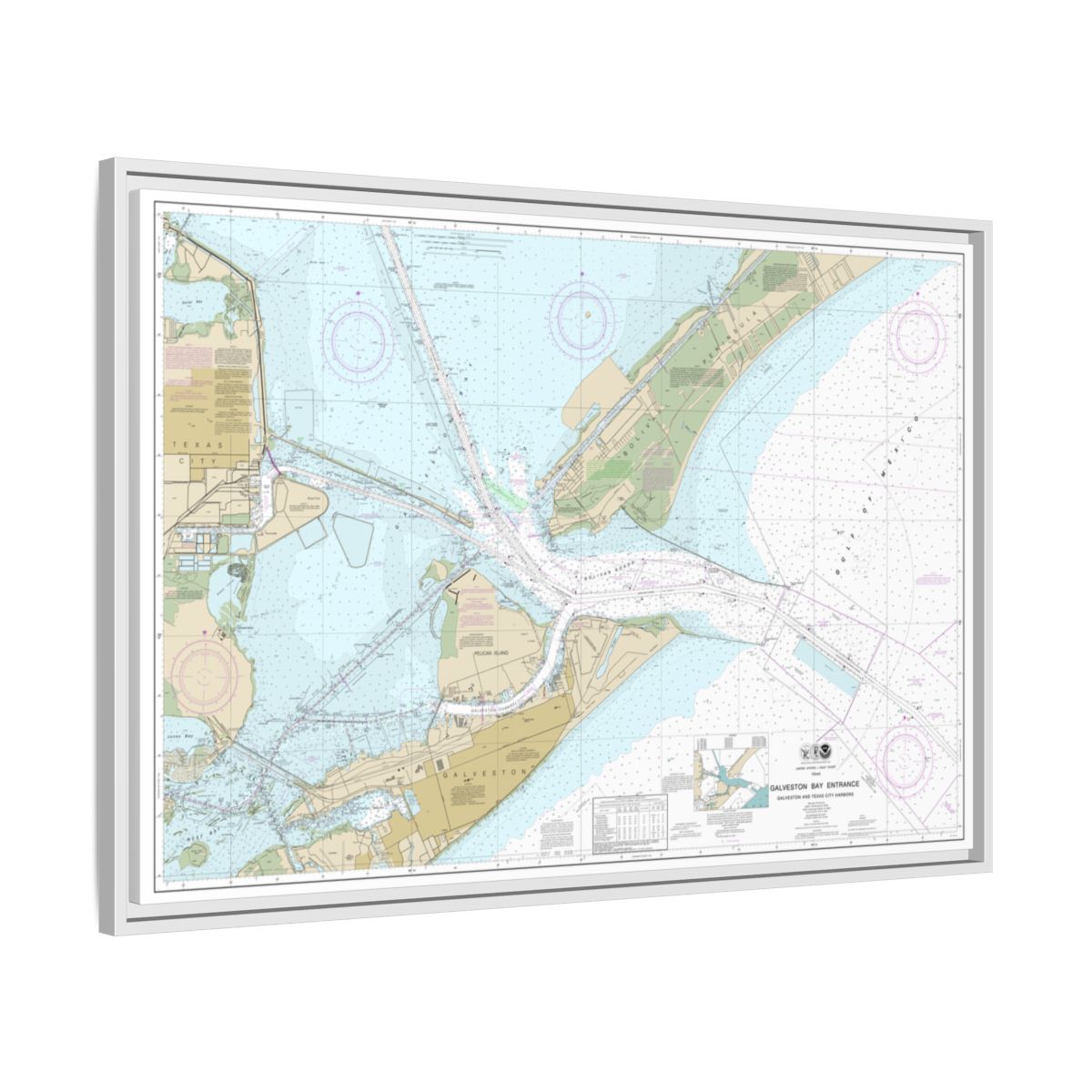 Chart 11324 Galveston Bay Entrance Galveston and Texas City Harbors - NOAA Nautical Chart Floating Frame Canvas | 30" x 20" | 36" x 24" | 48" x 32" - White side