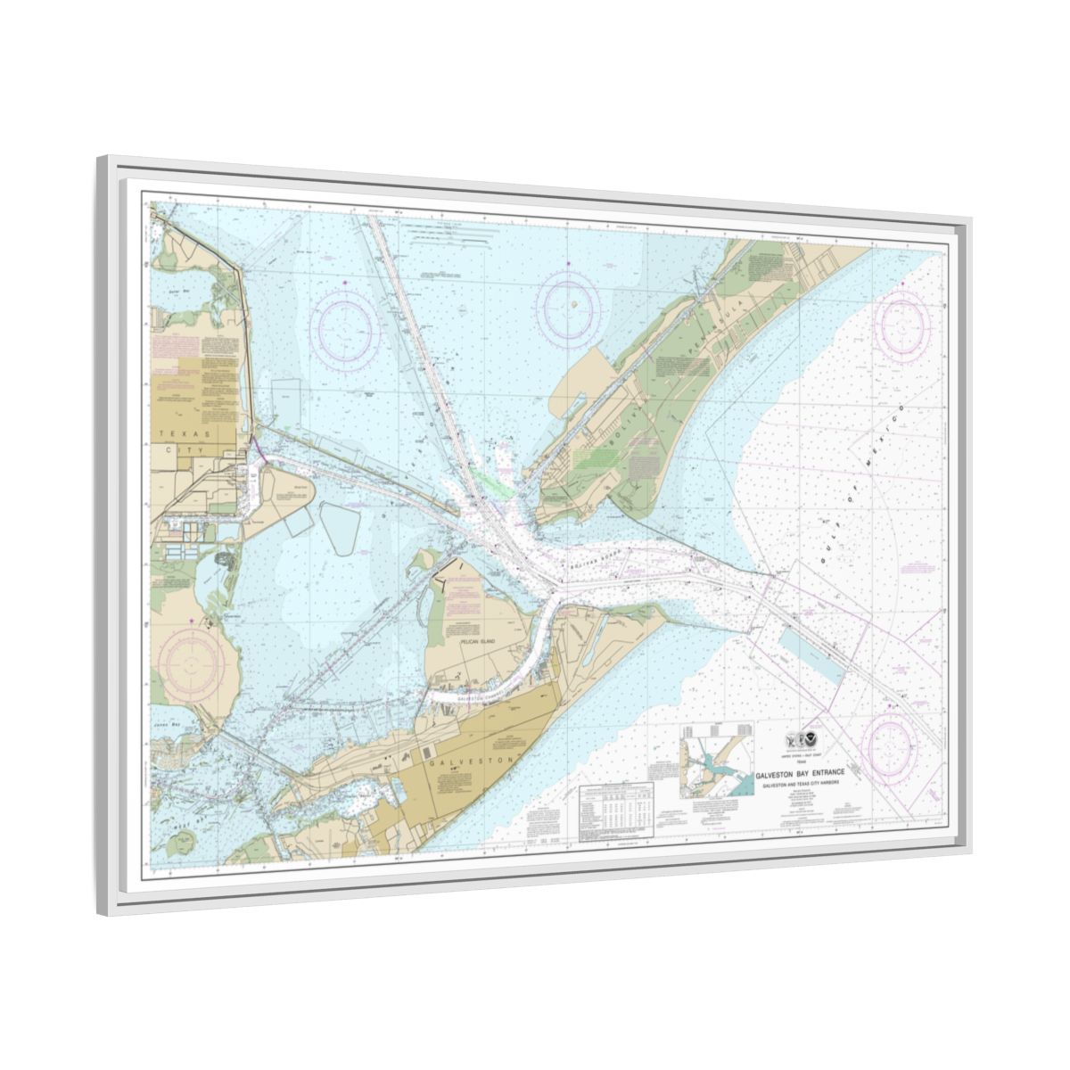 Chart 11324 Galveston Bay Entrance Galveston and Texas City Harbors - NOAA Nautical Chart Floating Frame Canvas | 30" x 20" | 36" x 24" | 48" x 32" - White side