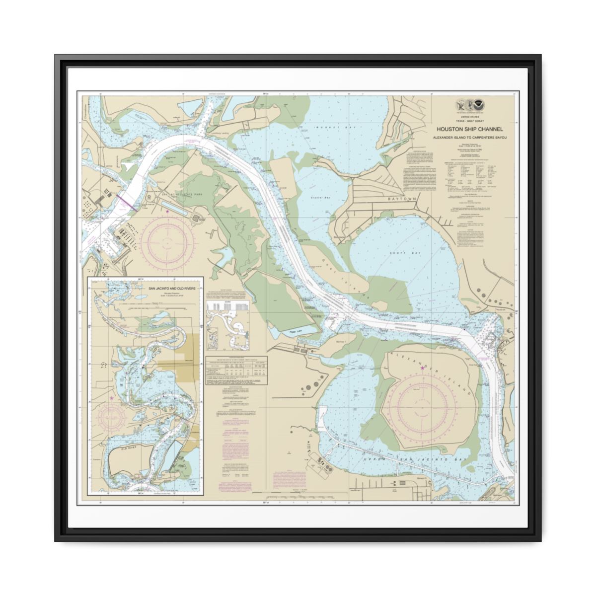 Chart 11329 Houston Ship Channel Alexander Island to Carpenters Bayou;San Jacinto and Old Rivers - NOAA Nautical Chart Floating Frame Canvas | 32" x 32" - Black front