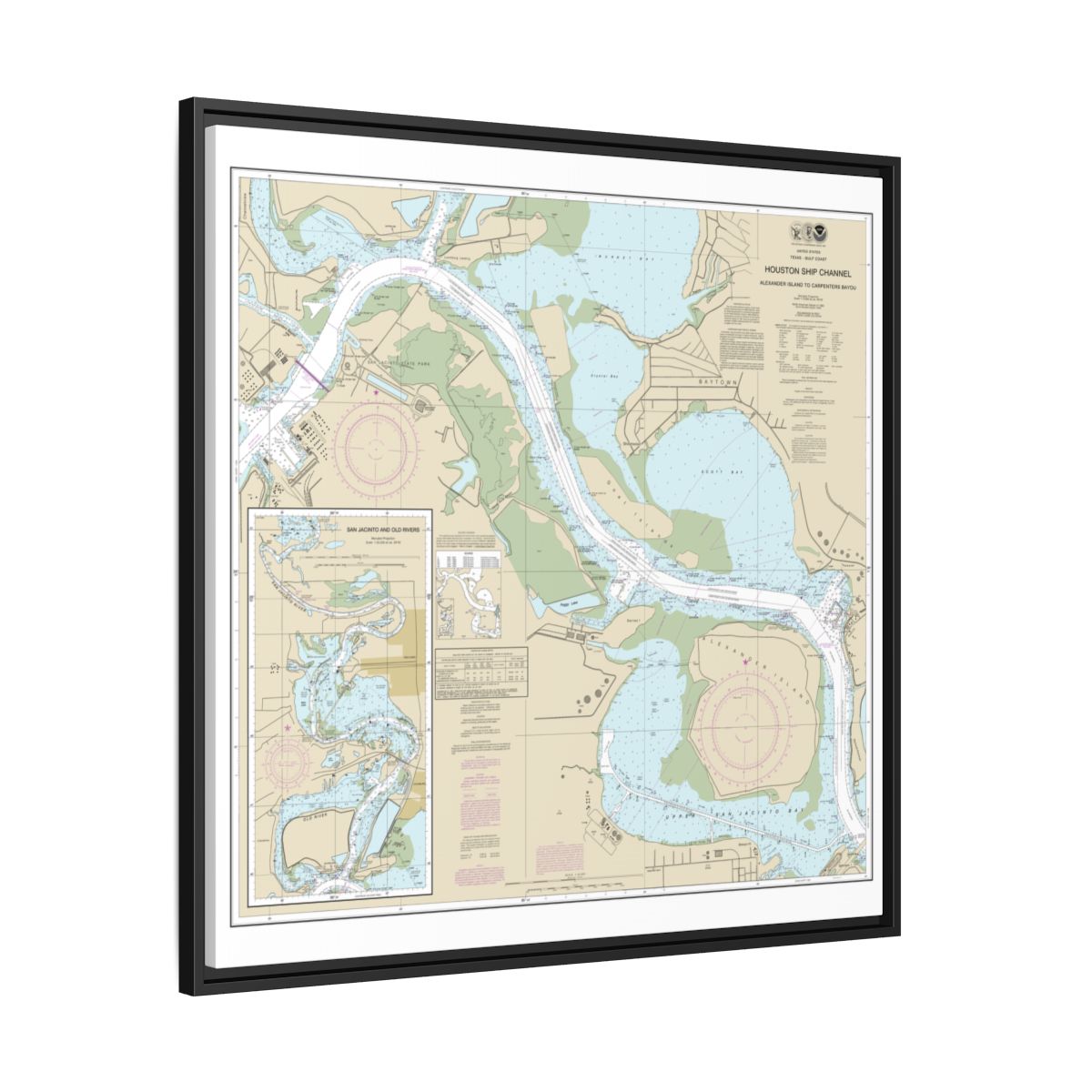 Chart 11329 Houston Ship Channel Alexander Island to Carpenters Bayou;San Jacinto and Old Rivers - NOAA Nautical Chart Floating Frame Canvas | 32" x 32" - Black side