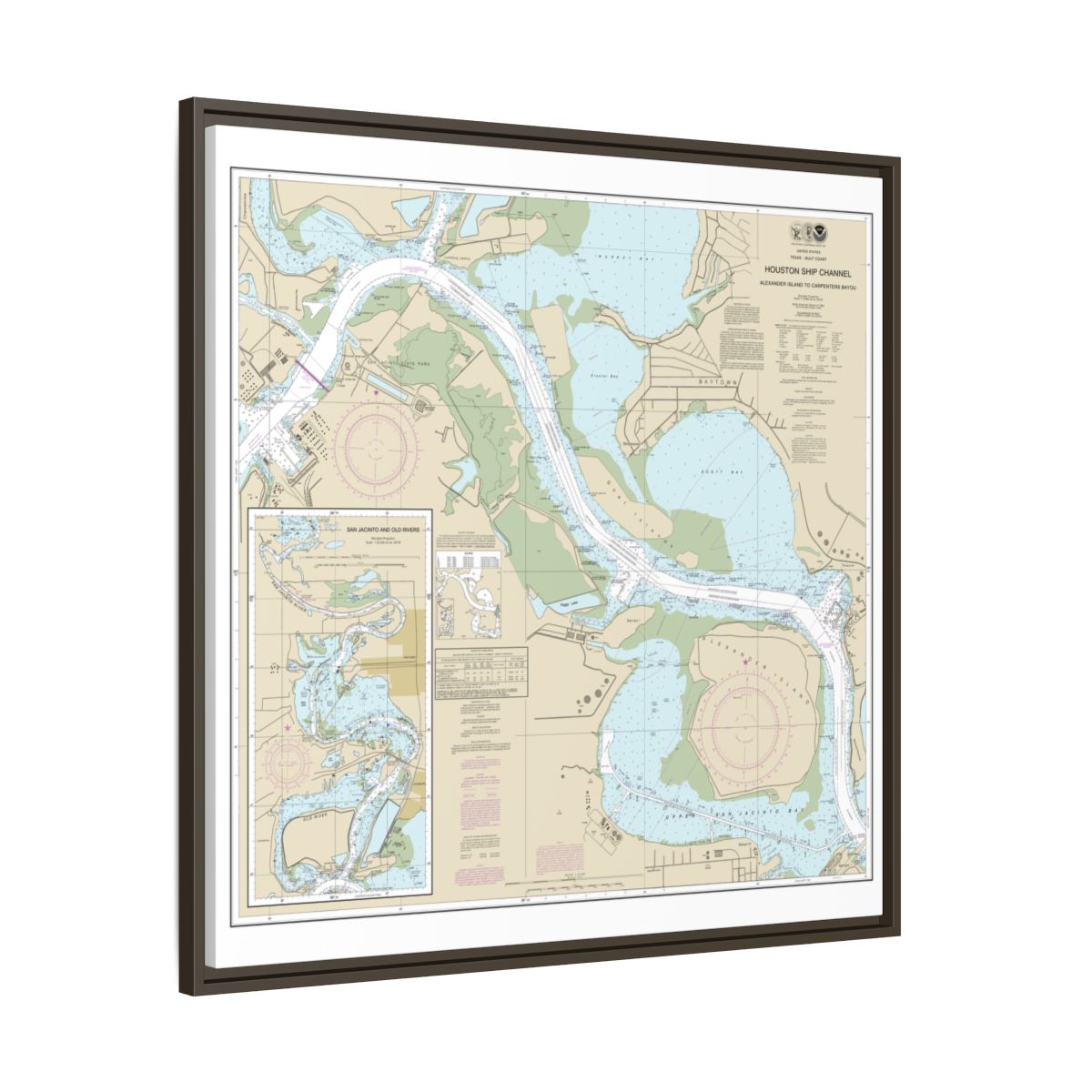 Chart 11329 Houston Ship Channel Alexander Island to Carpenters Bayou;San Jacinto and Old Rivers - NOAA Nautical Chart Floating Frame Canvas | 32" x 32" - Espresso side