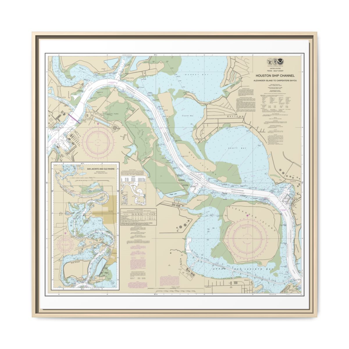 Chart 11329 Houston Ship Channel Alexander Island to Carpenters Bayou;San Jacinto and Old Rivers - NOAA Nautical Chart Floating Frame Canvas | 32" x 32" - Natural front