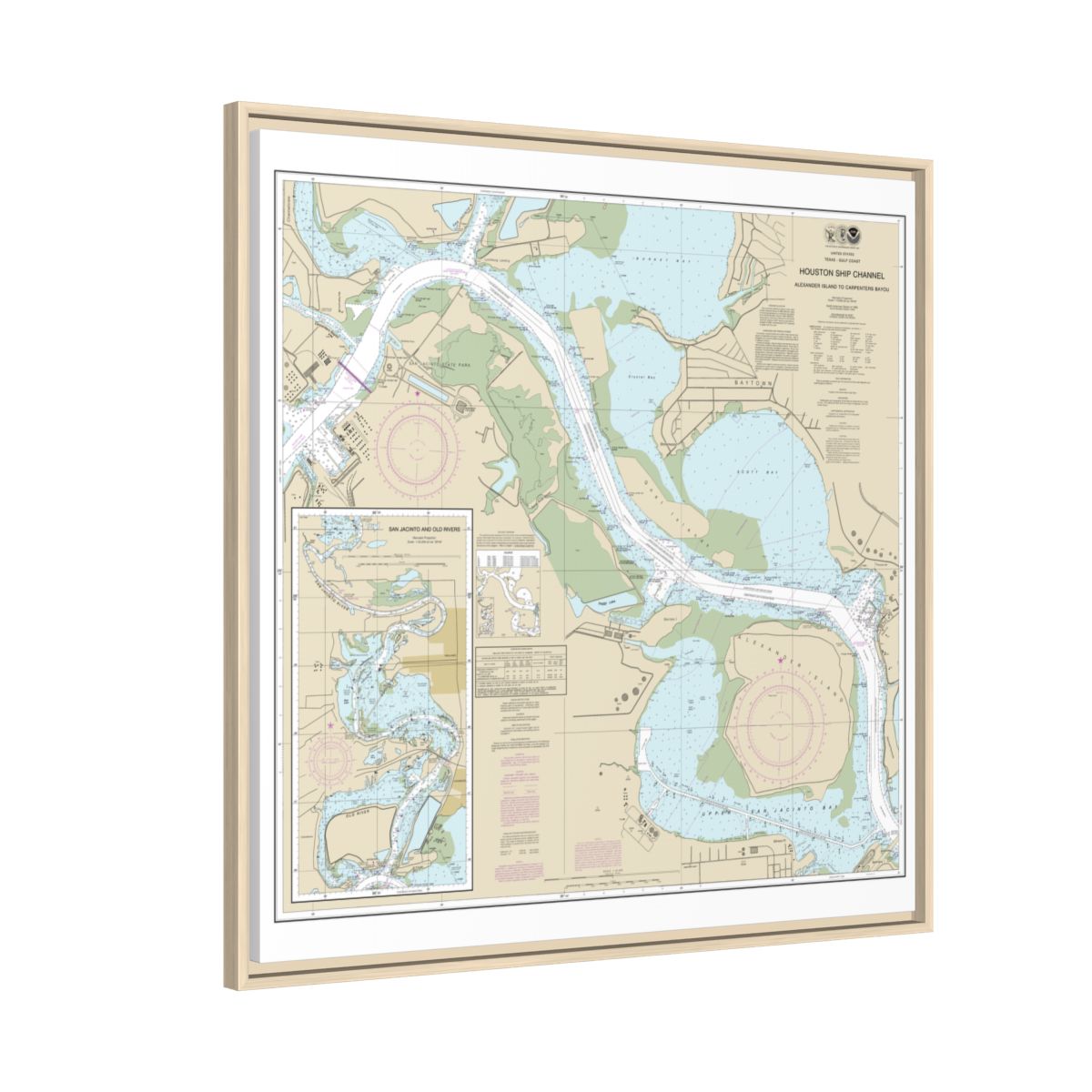 Chart 11329 Houston Ship Channel Alexander Island to Carpenters Bayou;San Jacinto and Old Rivers - NOAA Nautical Chart Floating Frame Canvas | 32" x 32" - Natural side