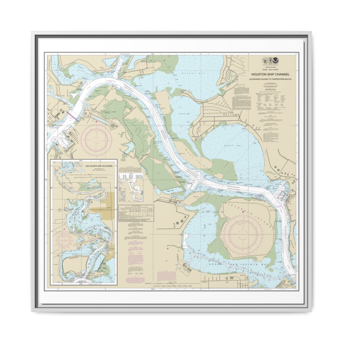 Chart 11329 Houston Ship Channel Alexander Island to Carpenters Bayou;San Jacinto and Old Rivers - NOAA Nautical Chart Floating Frame Canvas | 32" x 32" - White front