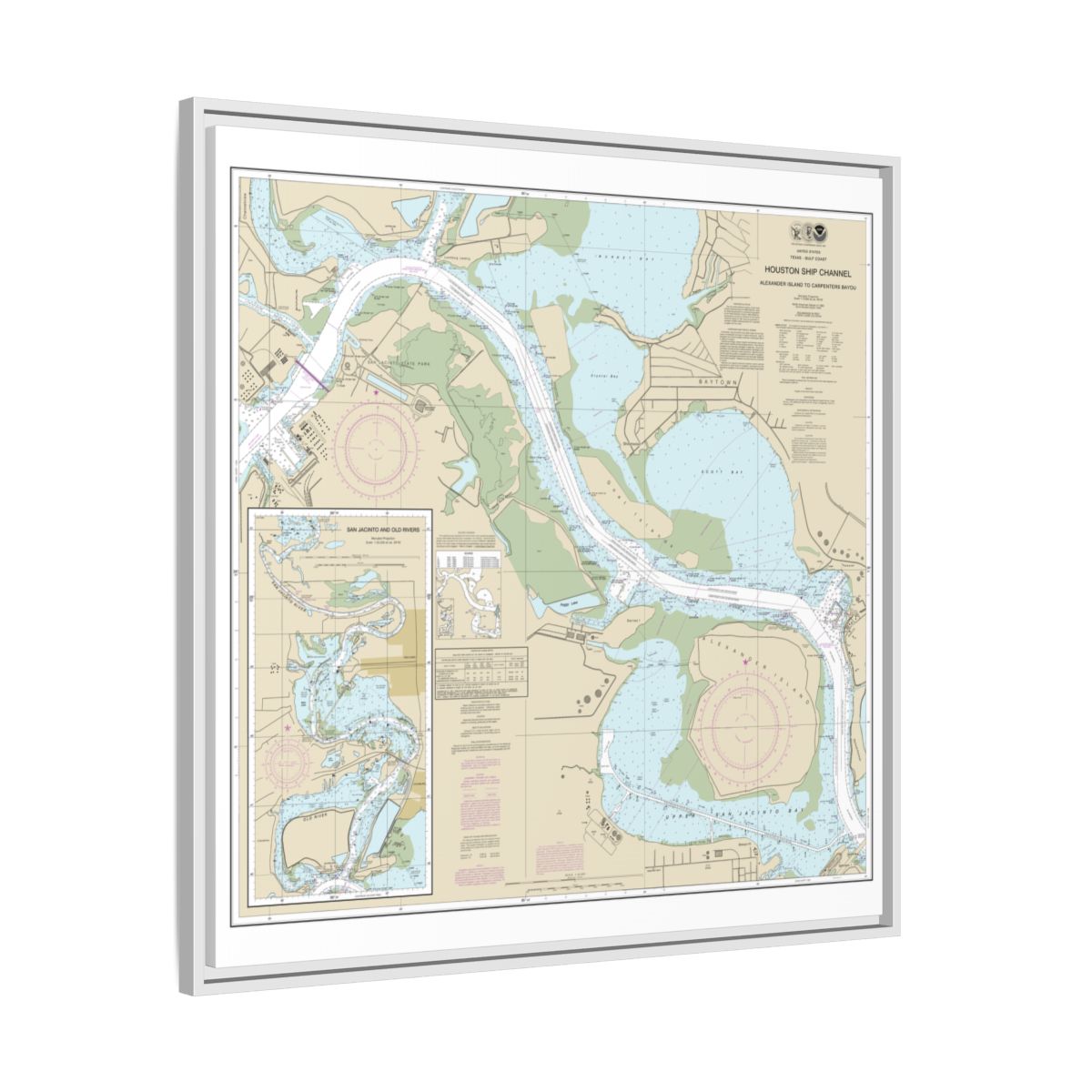Chart 11329 Houston Ship Channel Alexander Island to Carpenters Bayou;San Jacinto and Old Rivers - NOAA Nautical Chart Floating Frame Canvas | 32" x 32" - White side