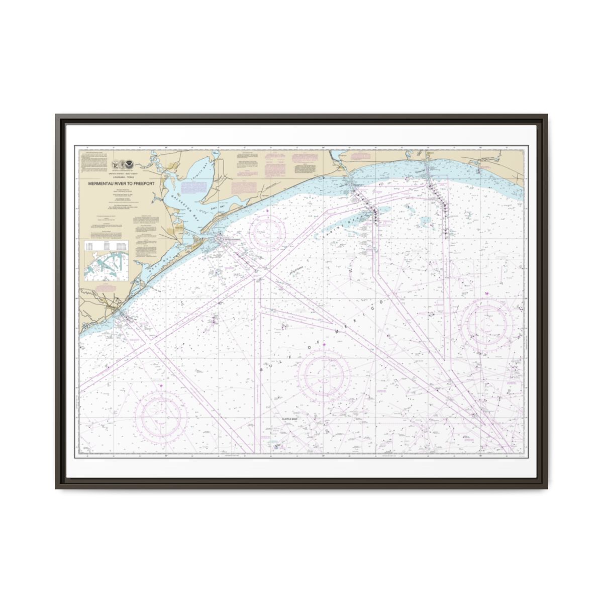 Chart 11330 Mermentau River to Freeport - NOAA Nautical Chart Floating Frame Canvas | 32" x 24" | 40" x 30" - Espresso front