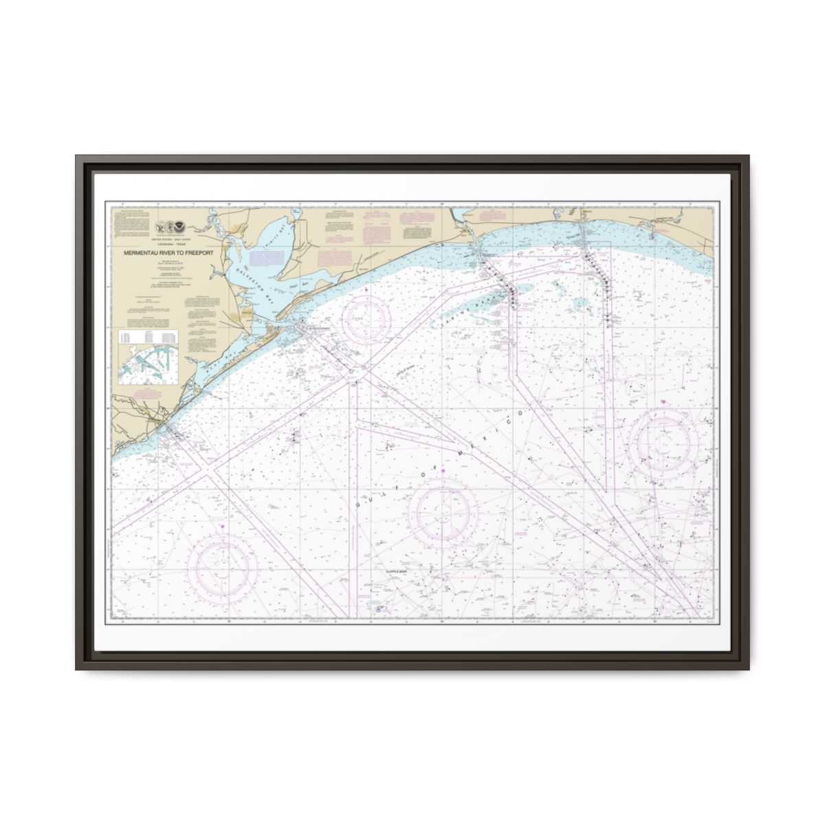 Chart 11330 Mermentau River to Freeport - NOAA Nautical Chart Floating Frame Canvas | 32" x 24" | 40" x 30" - Espresso front
