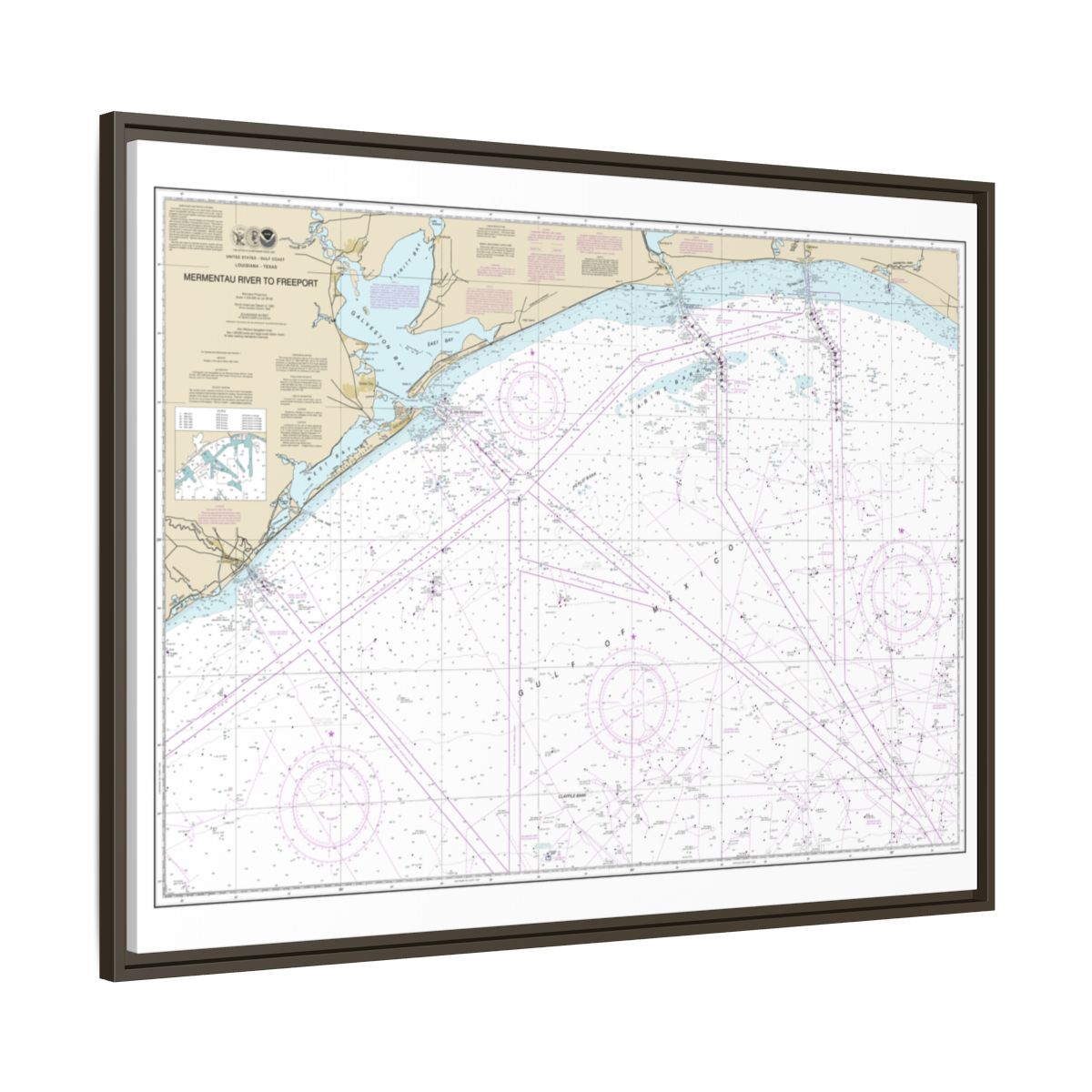 Chart 11330 Mermentau River to Freeport - NOAA Nautical Chart Floating Frame Canvas | 32" x 24" | 40" x 30" - Espresso side