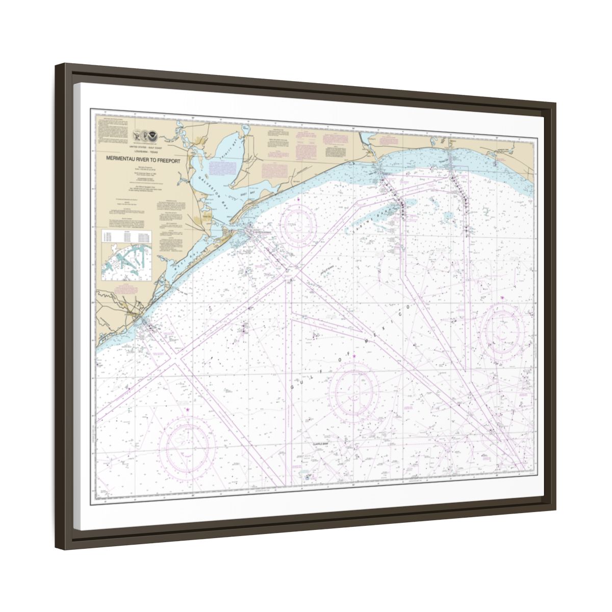 Chart 11330 Mermentau River to Freeport - NOAA Nautical Chart Floating Frame Canvas | 32" x 24" | 40" x 30" - Espresso side