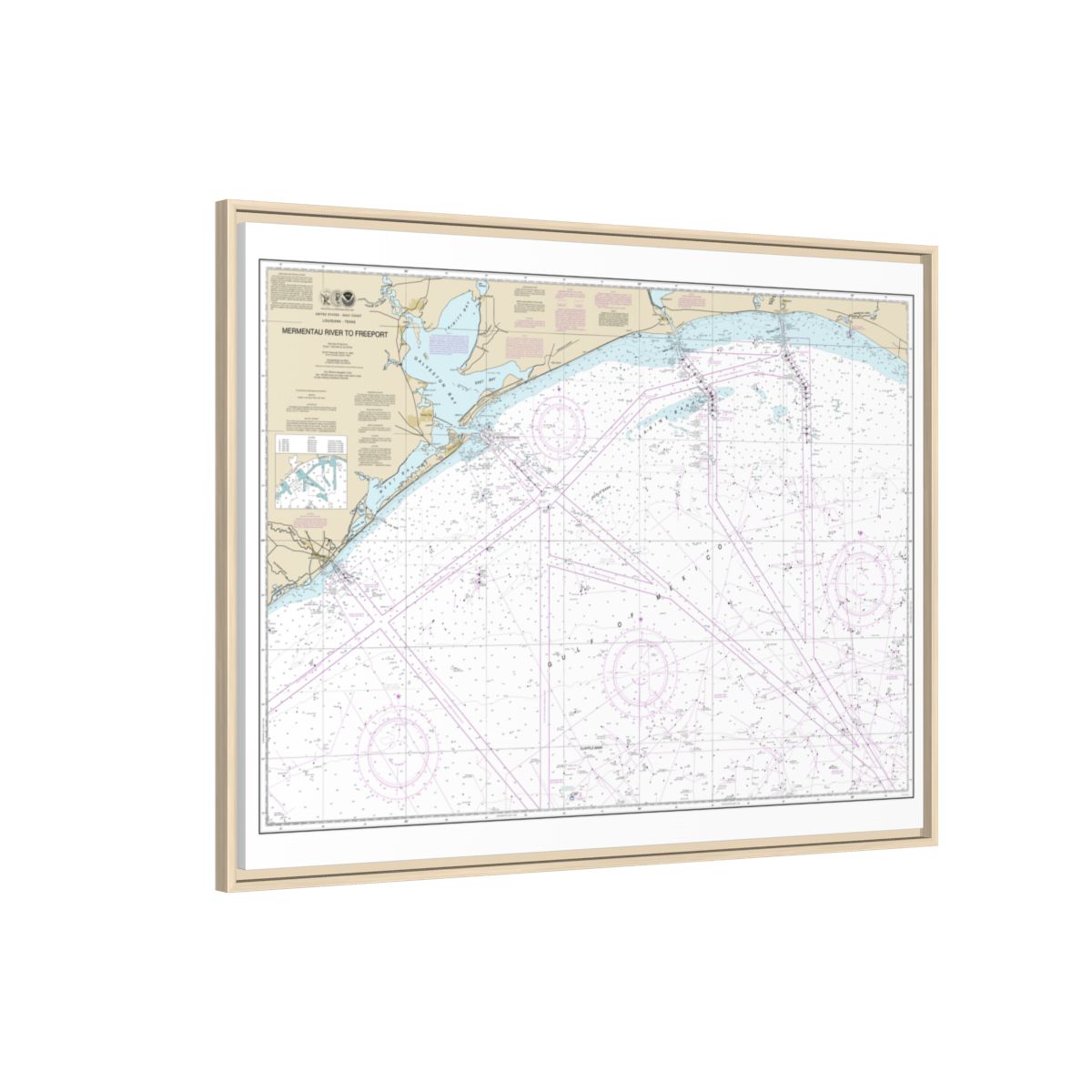 Chart 11330 Mermentau River to Freeport - NOAA Nautical Chart Floating Frame Canvas | 32" x 24" | 40" x 30" - Natural side
