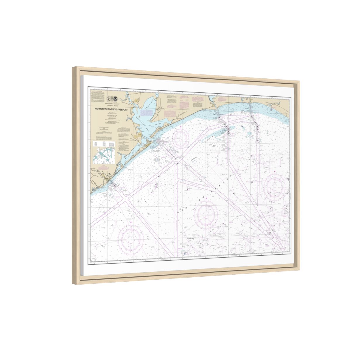 Chart 11330 Mermentau River to Freeport - NOAA Nautical Chart Floating Frame Canvas | 32" x 24" | 40" x 30" - Natural side