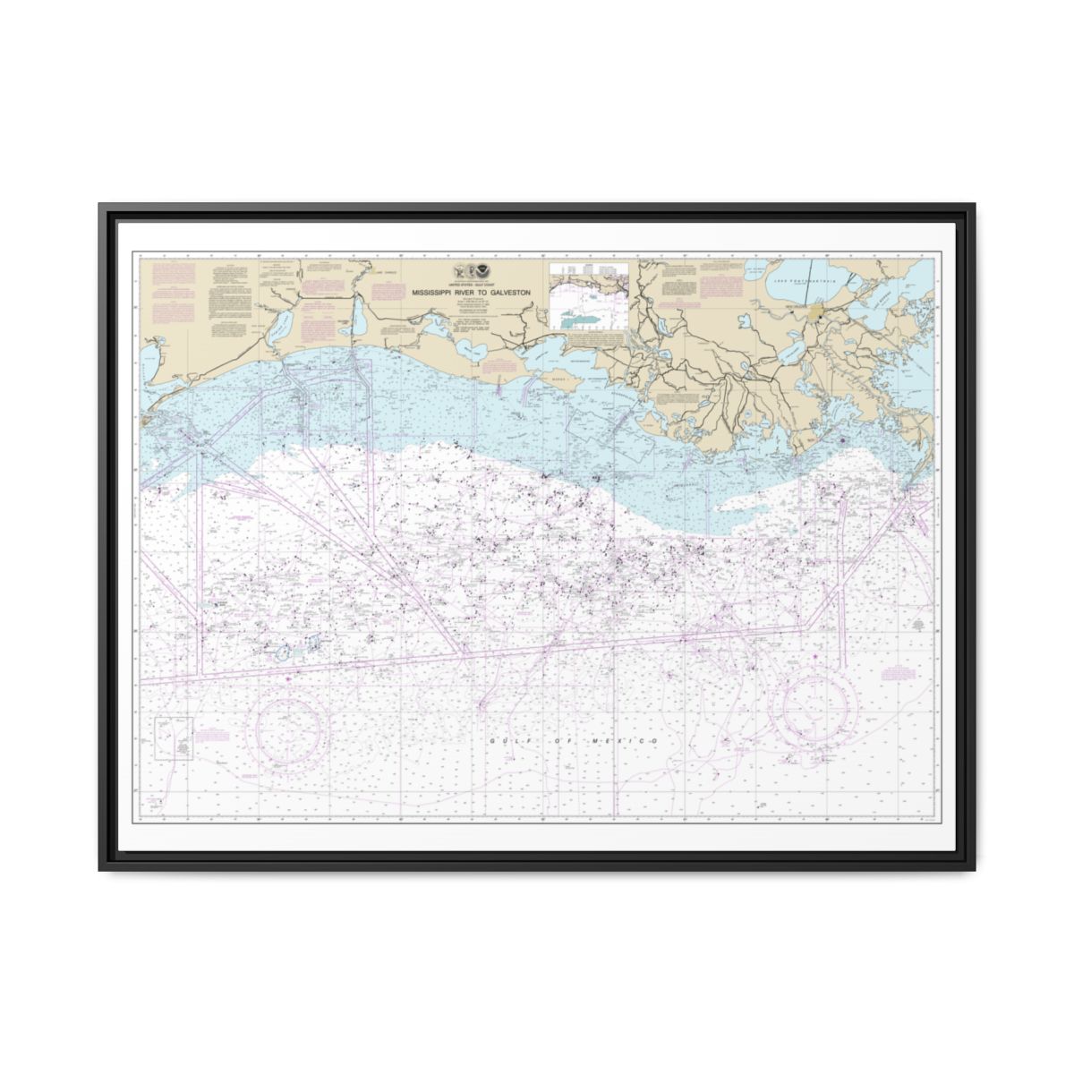 Chart 11340 Mississippi River to Galveston - NOAA Nautical Chart Floating Frame Canvas | 32" x 24" | 40" x 30" - Black front