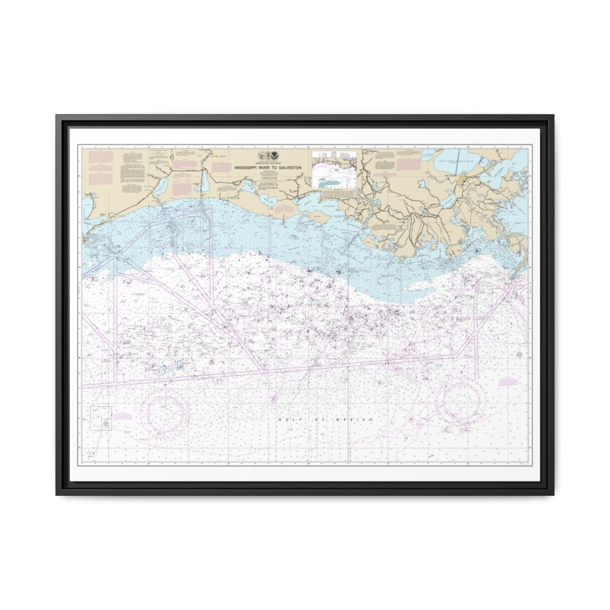 Chart 11340 Mississippi River to Galveston - NOAA Nautical Chart Floating Frame Canvas | 32" x 24" | 40" x 30" - Black front