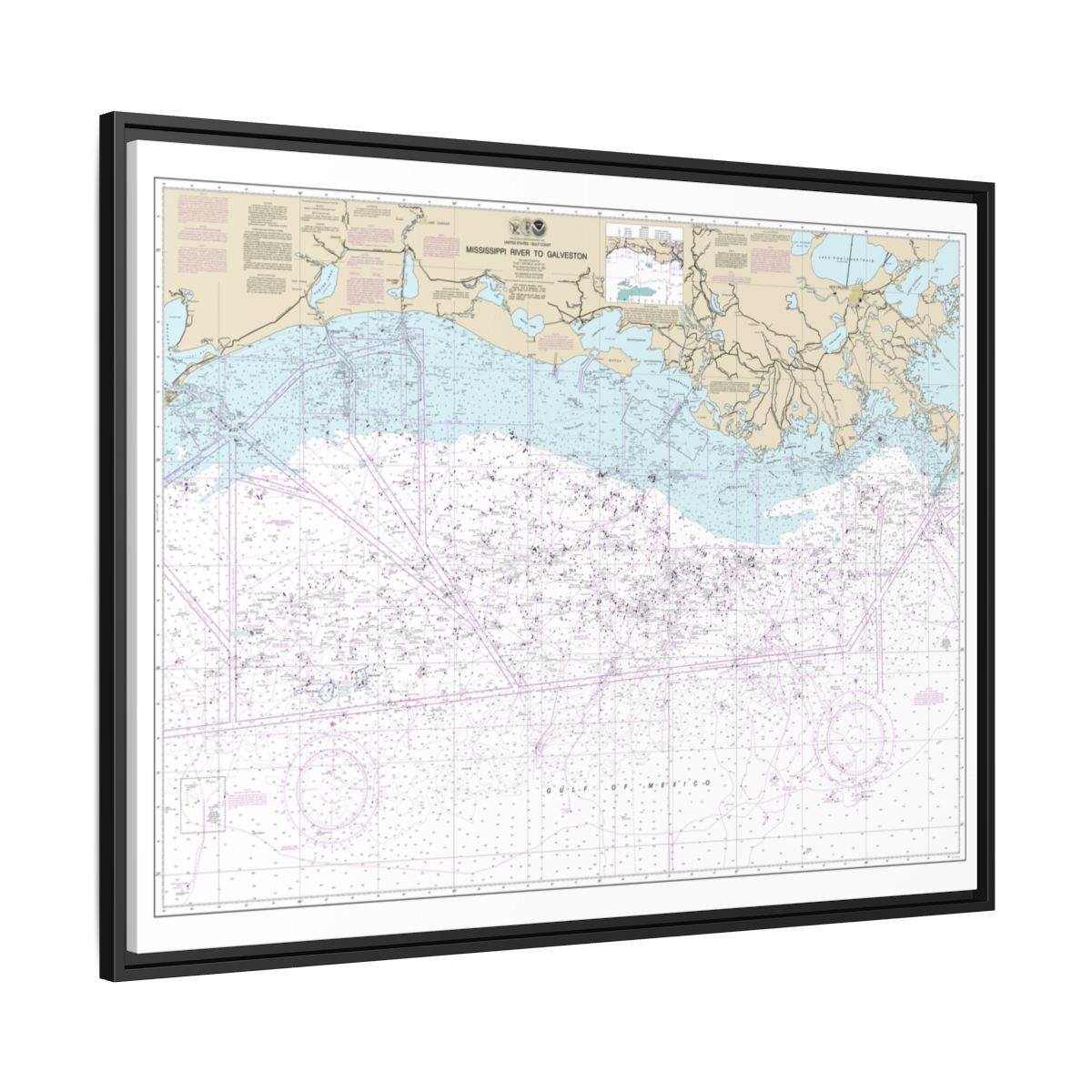 Chart 11340 Mississippi River to Galveston - NOAA Nautical Chart Floating Frame Canvas | 32" x 24" | 40" x 30" - Black side