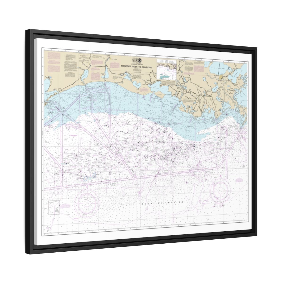 Chart 11340 Mississippi River to Galveston - NOAA Nautical Chart Floating Frame Canvas | 32" x 24" | 40" x 30" - Black side