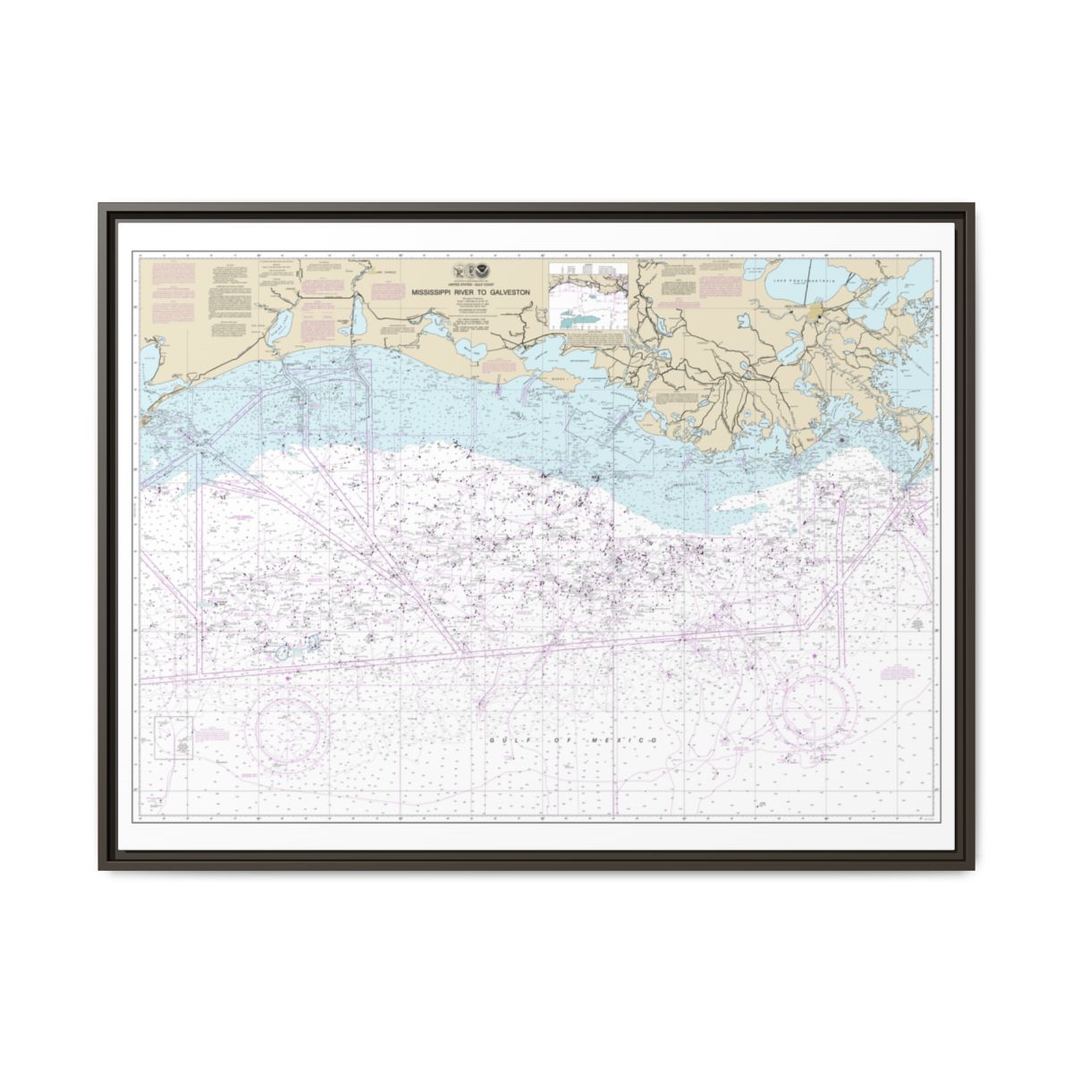 Chart 11340 Mississippi River to Galveston - NOAA Nautical Chart Floating Frame Canvas | 32" x 24" | 40" x 30" - Espresso front