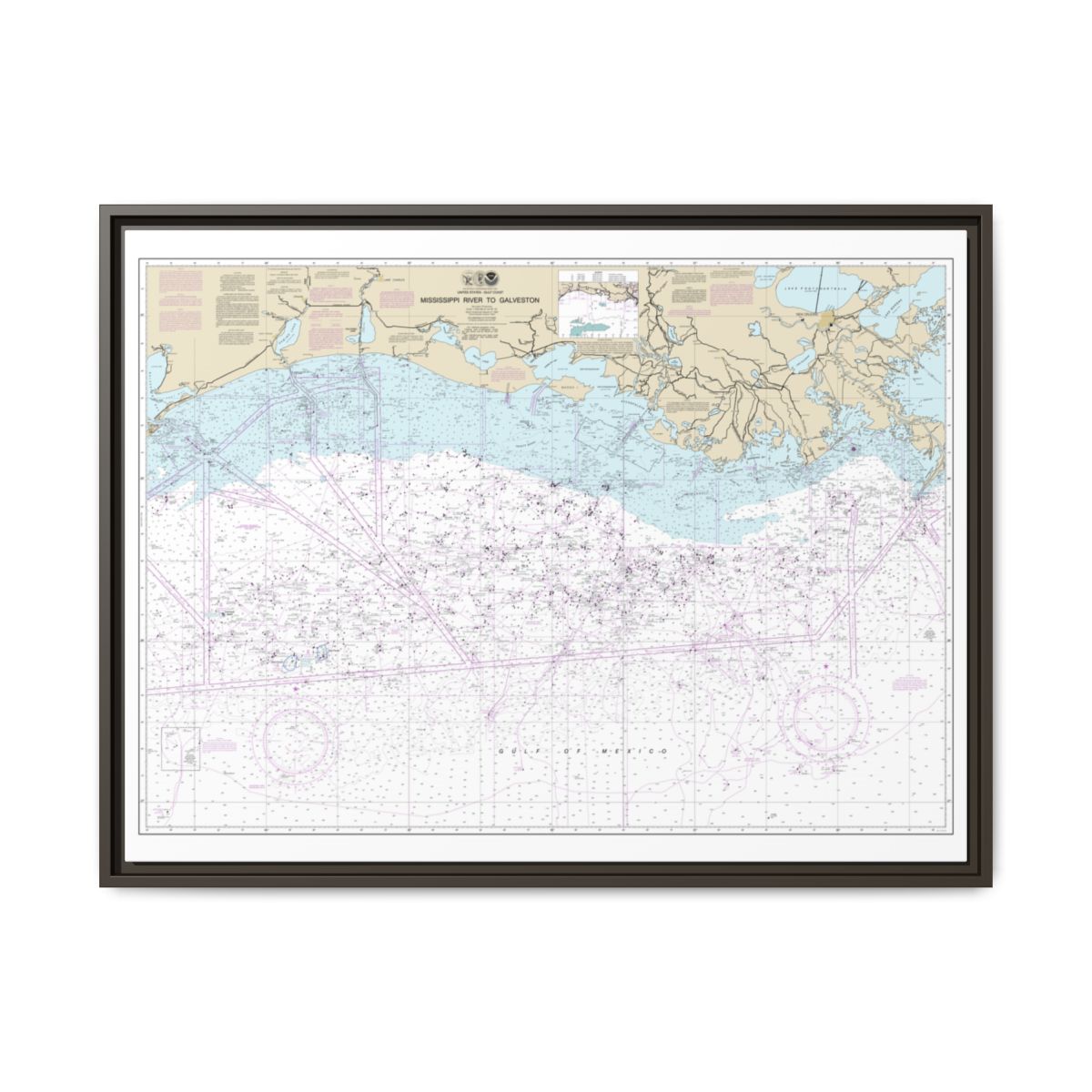 Chart 11340 Mississippi River to Galveston - NOAA Nautical Chart Floating Frame Canvas | 32" x 24" | 40" x 30" - Espresso front